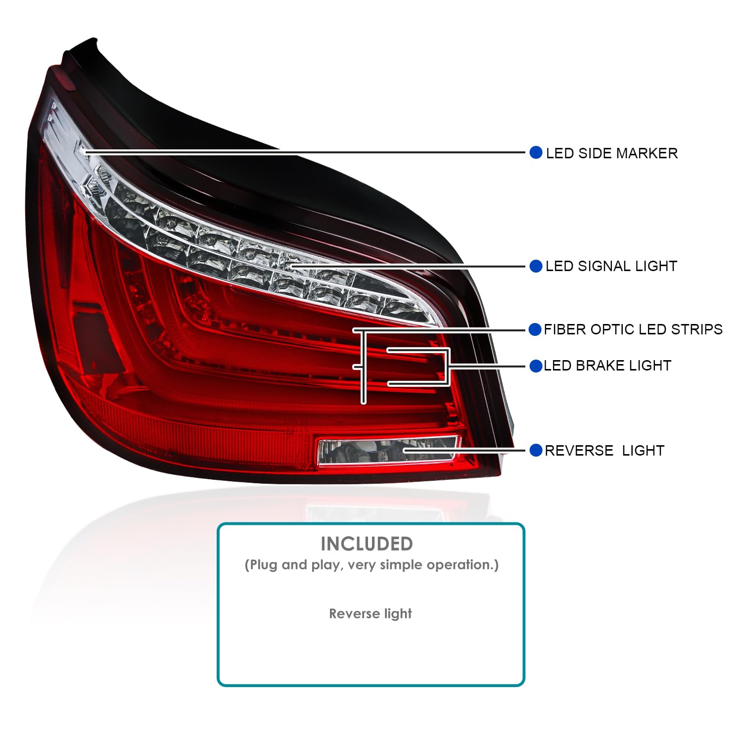 Spec-D Tuning LED Bar Tail Lights Red Lens Compatible with 2008-2010 BMW E60 5-Series 4 Door Left + Right Pair Assembly