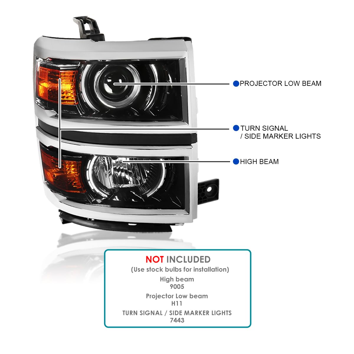 Jet Black SPEC-D TUNING Projector Headlights w/Silver Trim Compatible with 2014-2015 Chevy Silverado 1500, Left + Right Pair Headlamps Assembly