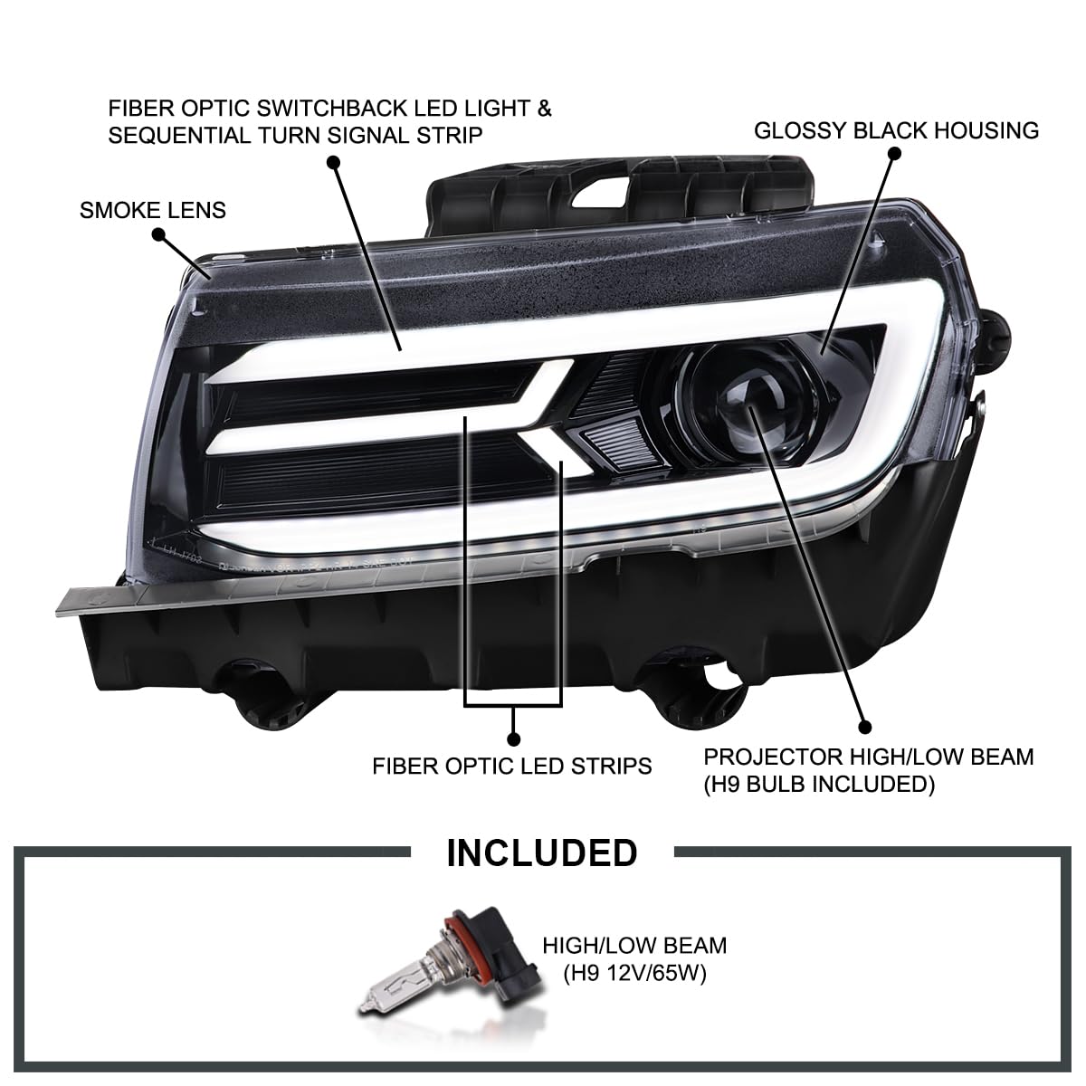 Glossy Black Smoke SPEC-D TUNING Projector Headlights w/Switchback and Sequential Turn Signals Compatible with 2014-2015 Chevy Camaro, Left + Right Pair Headlamps Assembly