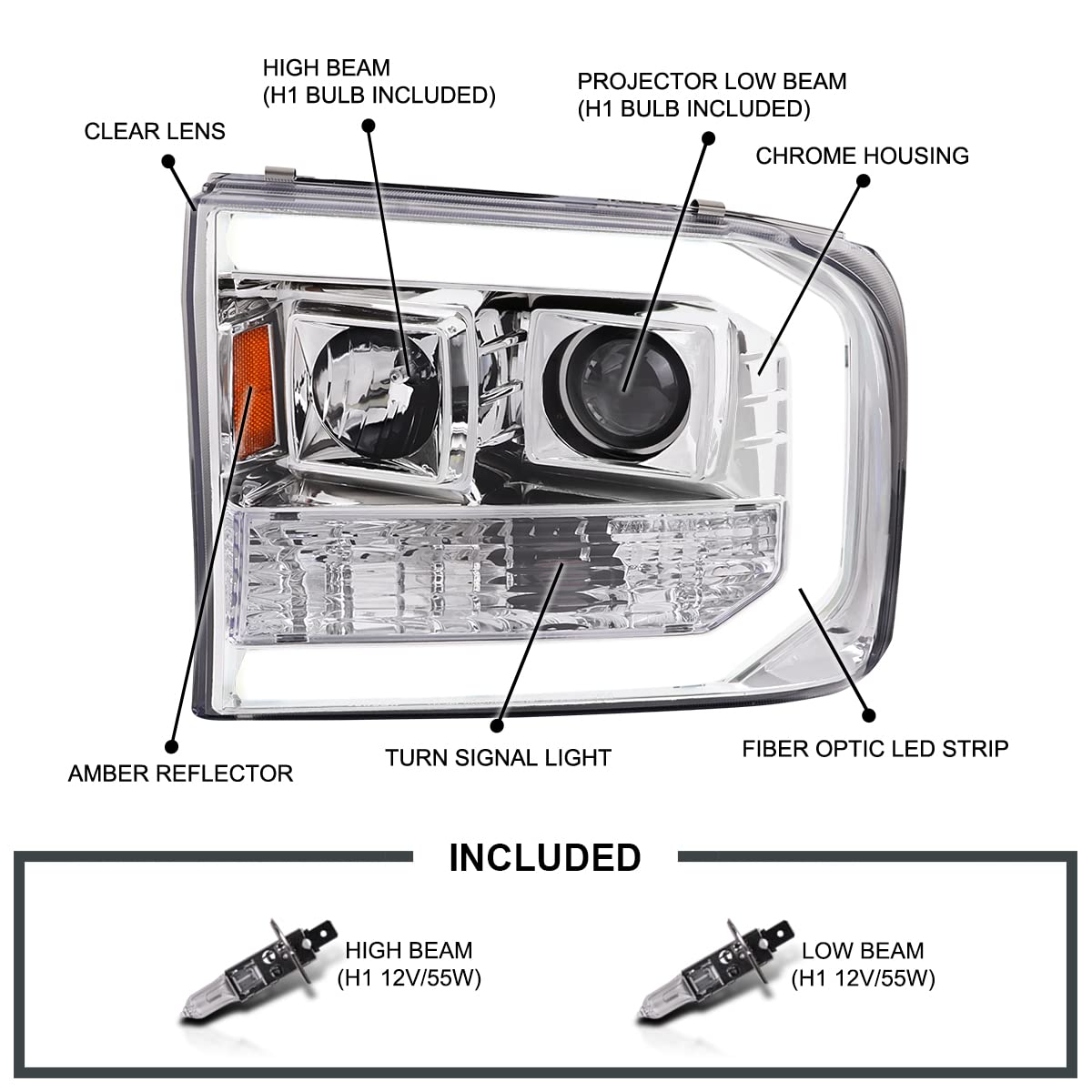 Chrome Projector Headlights w/LED Tube SPEC-D TUNING Compatible with 1999-2004 Ford F-250, F-350, F-450 SuperDuty, Left + Right Pair Headlamps Assembly