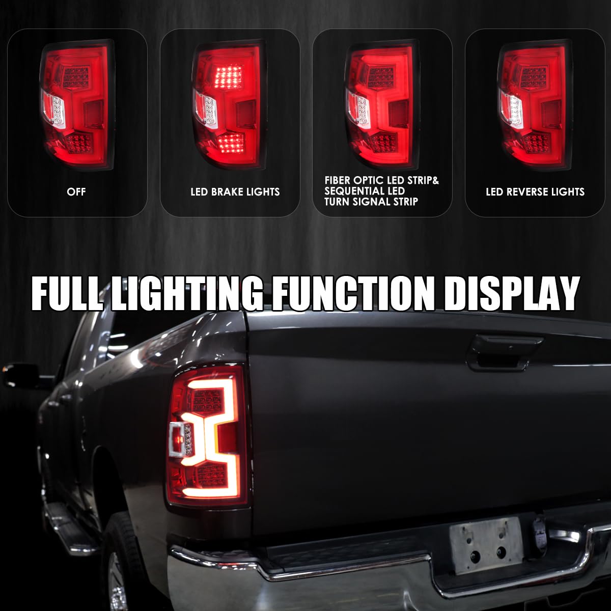 Red Tail Lights SPEC-D TUNING w/Fiber Optic Sequential LED Turn Signal Lights Compatible with 2019-2024 Dodge Ram 2500/3500