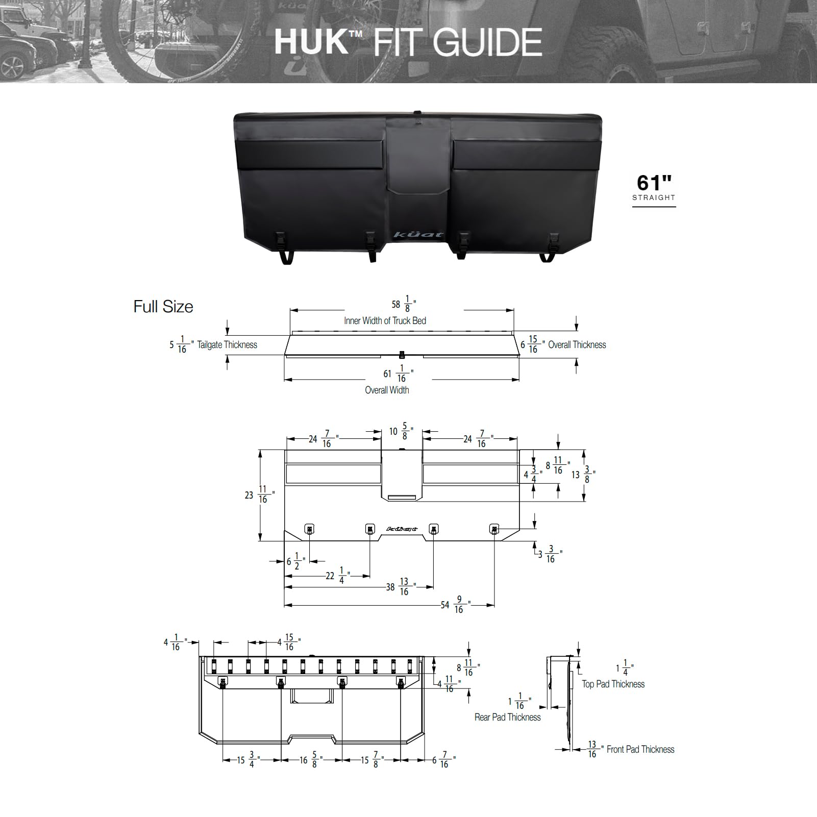 KUAT 61" HUK Straight Durable Soft-Touch TPU Padded Pickup Truck Tailgate Bike Hauling Transportation Easy-Access Protective Pad w/Nylon Straps, Metal G-Hook Buckles & Roll-Up Window, Black