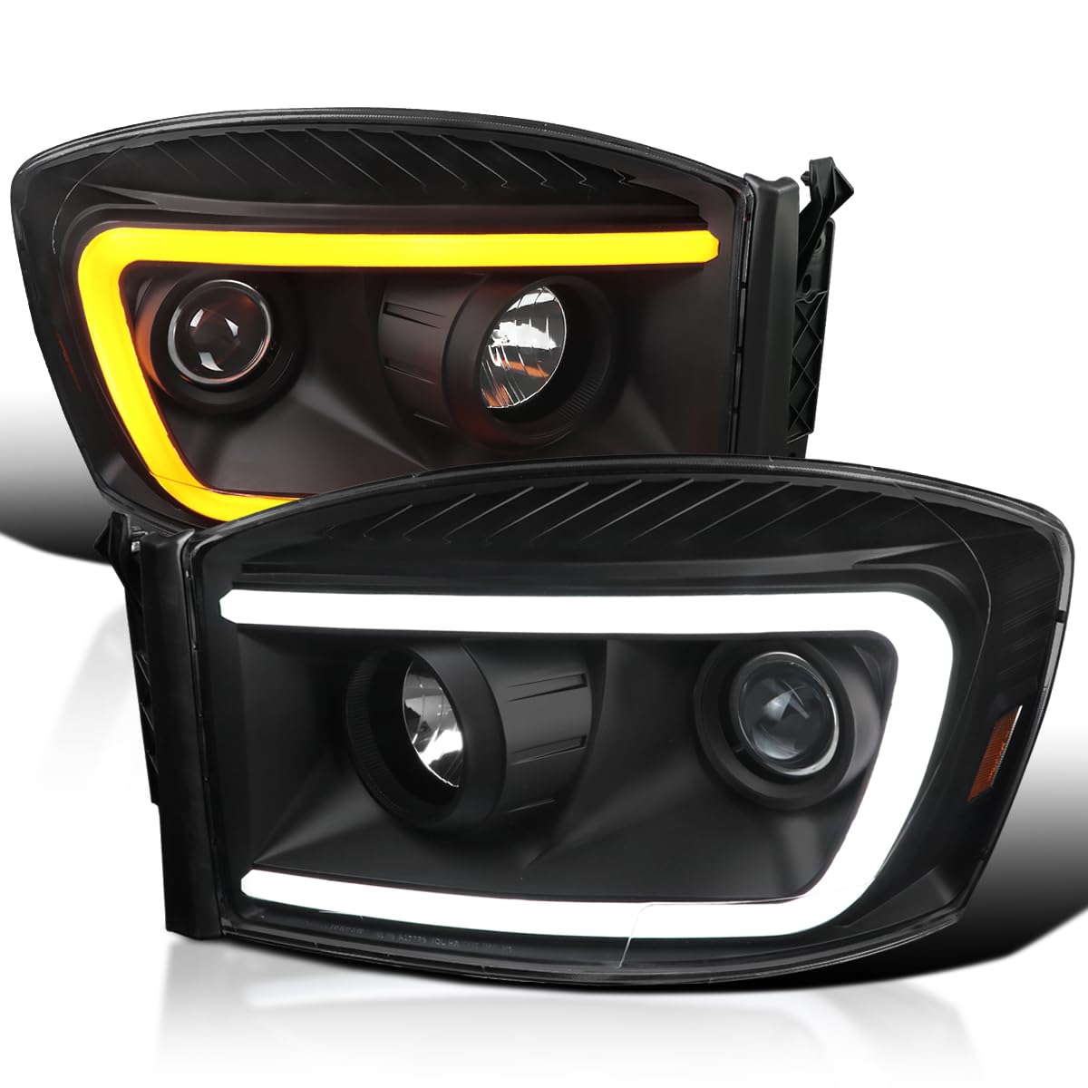 Black SPEC-D TUNING Projector Headlights w/Switchback LED Light Bar Compatible with 2006-2008 Dodge Ram 1500, 2500, 3500, Left + Right Pair Headlamps Assembly