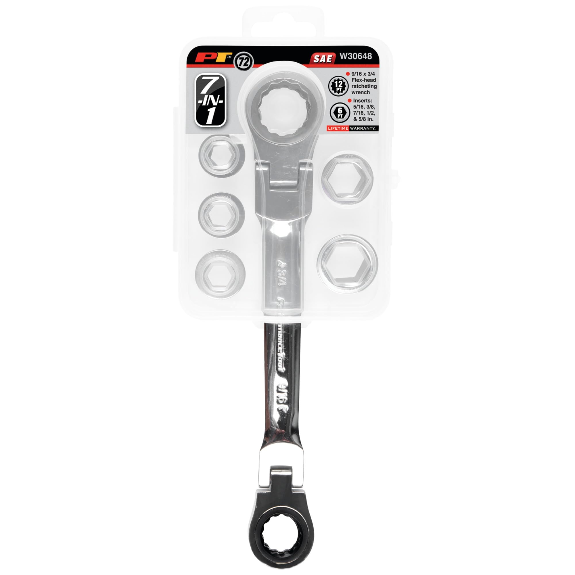 W30648 Performance Tool 7-in-1 Flex-Head Ratcheting Wrench Set - 72 Teeth, Chrome Vanadium Steel, Low Profile, Reusable Case