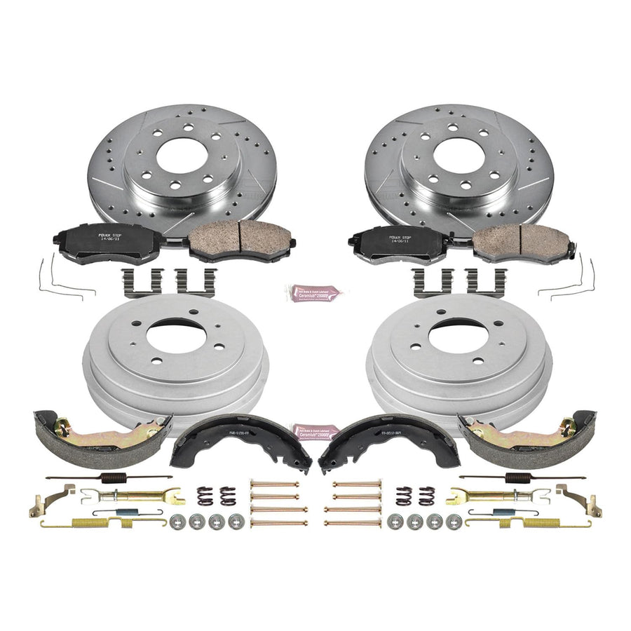 Power Stop K15158DK Z23 Carbon Fiber Brake Pads Front and Rear with Drilled & Slotted Brake Drums Kit For Hyundai Elantra 2005-2006 [Model Specific]