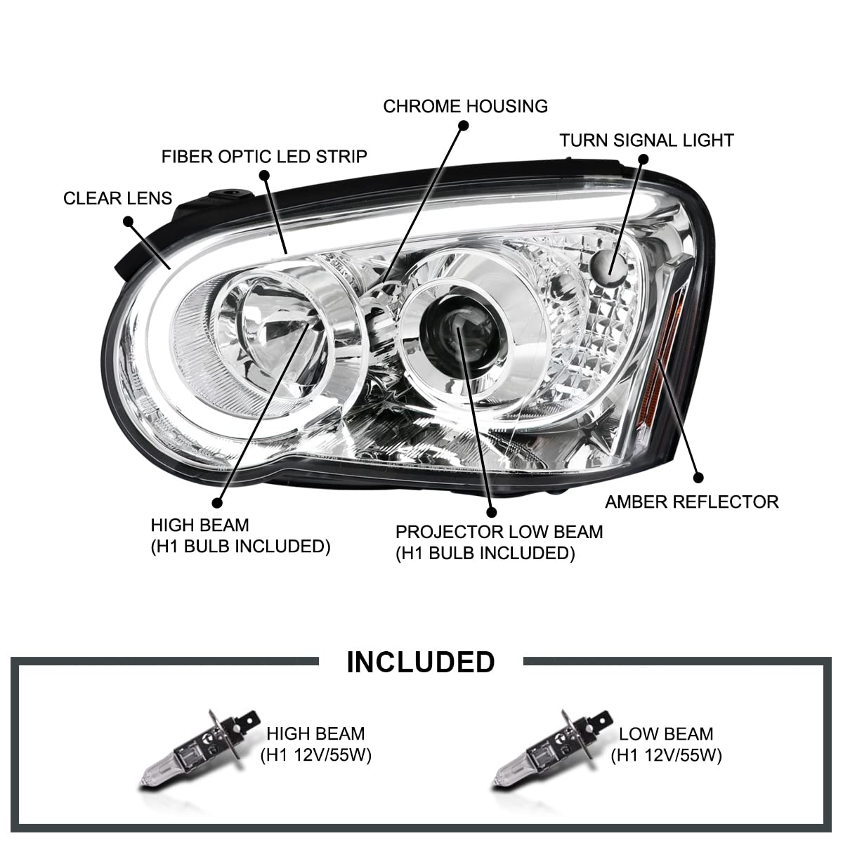 Chrome Projector Headlights SPEC-D TUNING w/LED Light Bar Compatible with 2004-2005 Subaru Impreza RS/WRX/Outback/STI, Left + Right Pair Headlamps Assembly