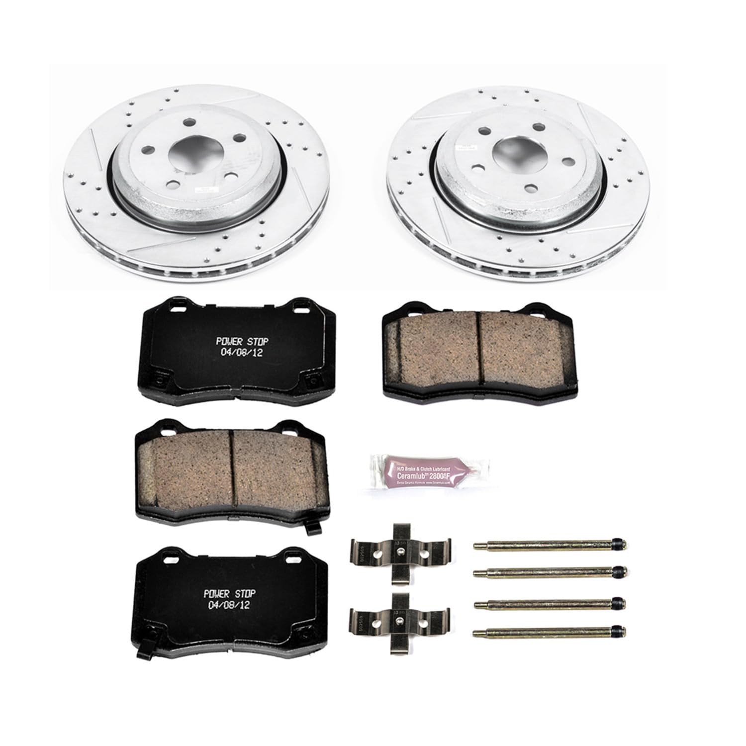 Rear Power Stop K5956 Z23 Carbon Fiber Brake Pads with Drilled & Slotted Brake Rotors Kit For Jeep Grand Cherokee 2012-2017 [Model Specific]