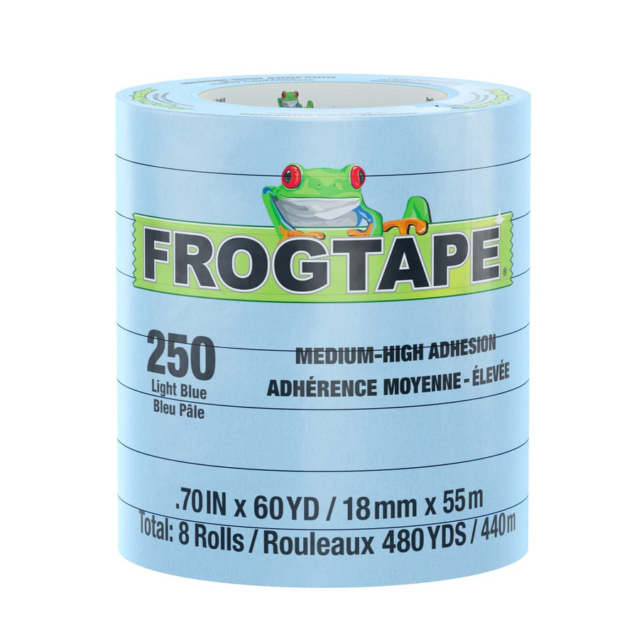 FrogTape 250 Moderate Temperature Light Blue Performance Grade Masking Tape, Medium-High Adhesion, 18mm x 55m, 8 Rolls per Pack