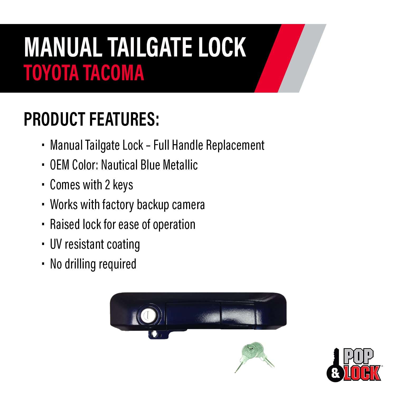 Manual Tailgate Lock for Toyota Tacoma – Pop & Lock, Fits 2005 to 2015 Models (Barcelona Red, PL5501, Standard Lock)