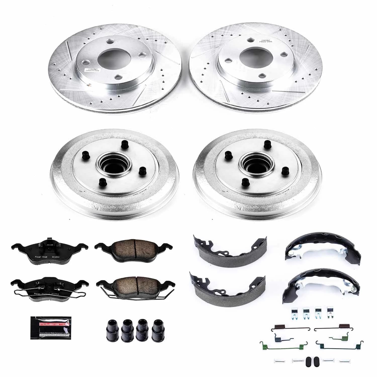 Power Stop K15191DK Z23 Carbon Fiber Brake Pads Front and Rear with Drilled & Slotted Brake Drums Kit For Ford Focus 2000-2004 [Model Specific]