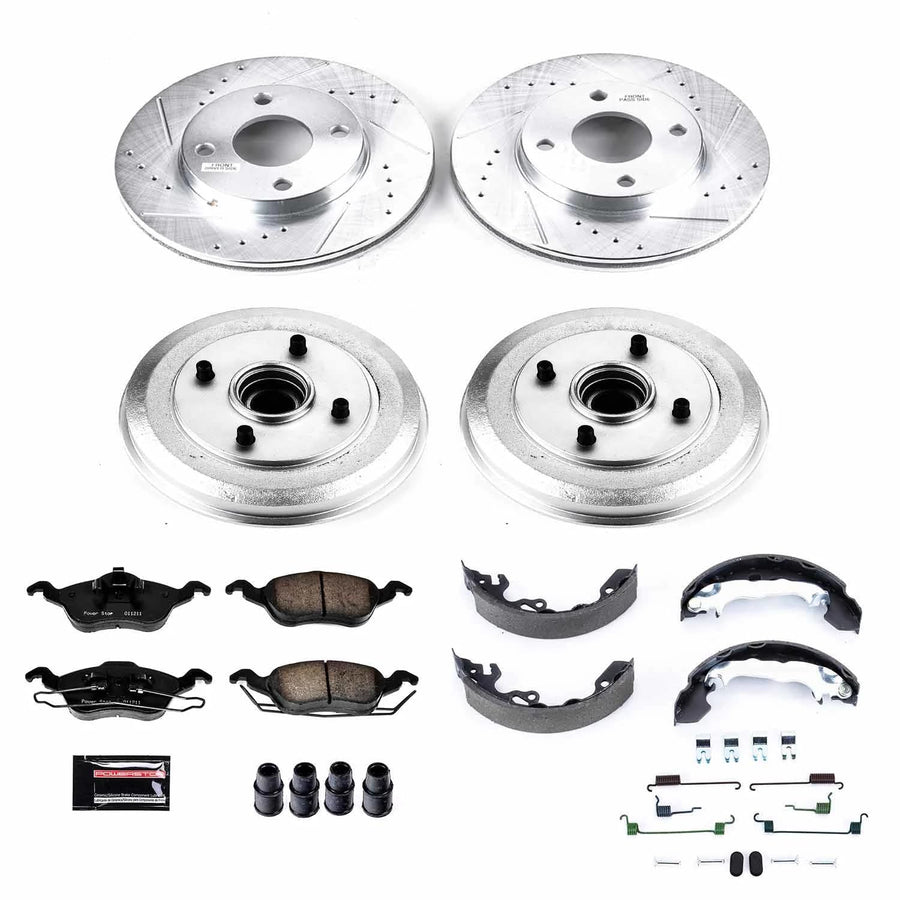 Power Stop K15191DK Z23 Carbon Fiber Brake Pads Front and Rear with Drilled & Slotted Brake Drums Kit For Ford Focus 2000-2004 [Model Specific]