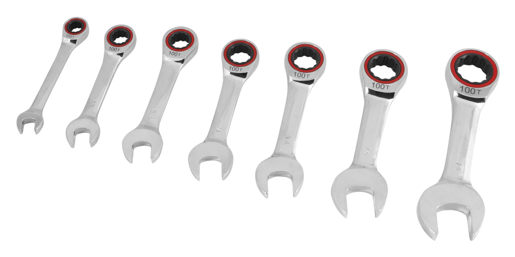 W30634 Performance Tool 7-Piece Stubby Ratcheting Combination Wrench Set with 100 Gear Teeth and Chrome Vanadium Steel Construction