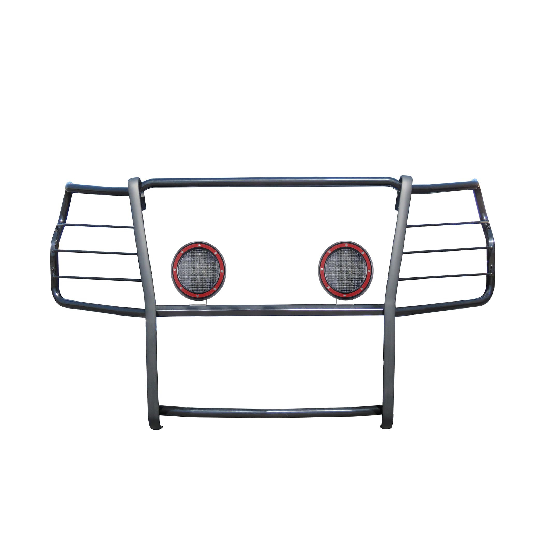 Bumper Guard Black Horse Grille Brush Modular Black Come with Pair of 5.3" Dia.LED Lights with Red Trim Rings Compatible with 2020-2024 Silverado 3500 HD|2020-2024 Silverado 2500 HD-17GT30MA-PLFR