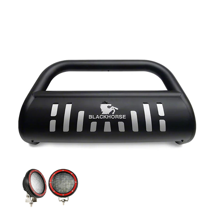 Bull Bar Black Horse Incl. Pair of 5.3" Dia.LED Lights w/Red Trim Rings Skid Plate Black Compatible with 2011-2016 Ford F-25/F-350/F-450/F-550 Super Duty-BB045211A-SP-PLFR