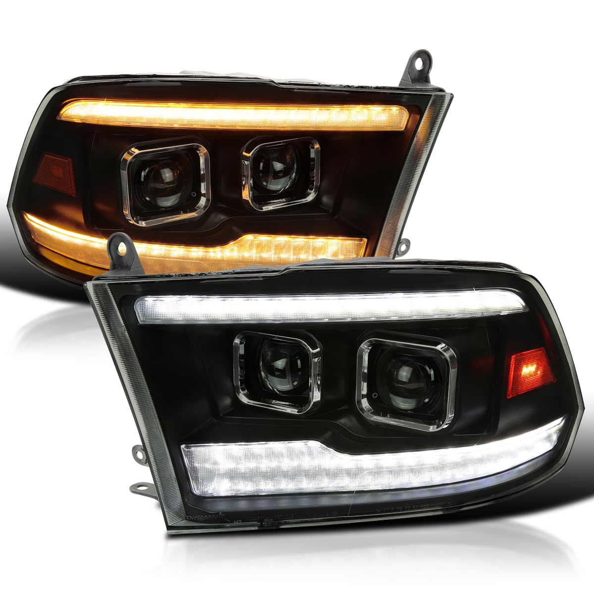 Black Smoke SPEC-D TUNING Projector Headlights w/Sequential Switchback LED Signal and Startup Animation Compatible with 2009-2018 Dodge Ram, 2019 Ram Classic, Left + Right Pair Headlamps Assembly