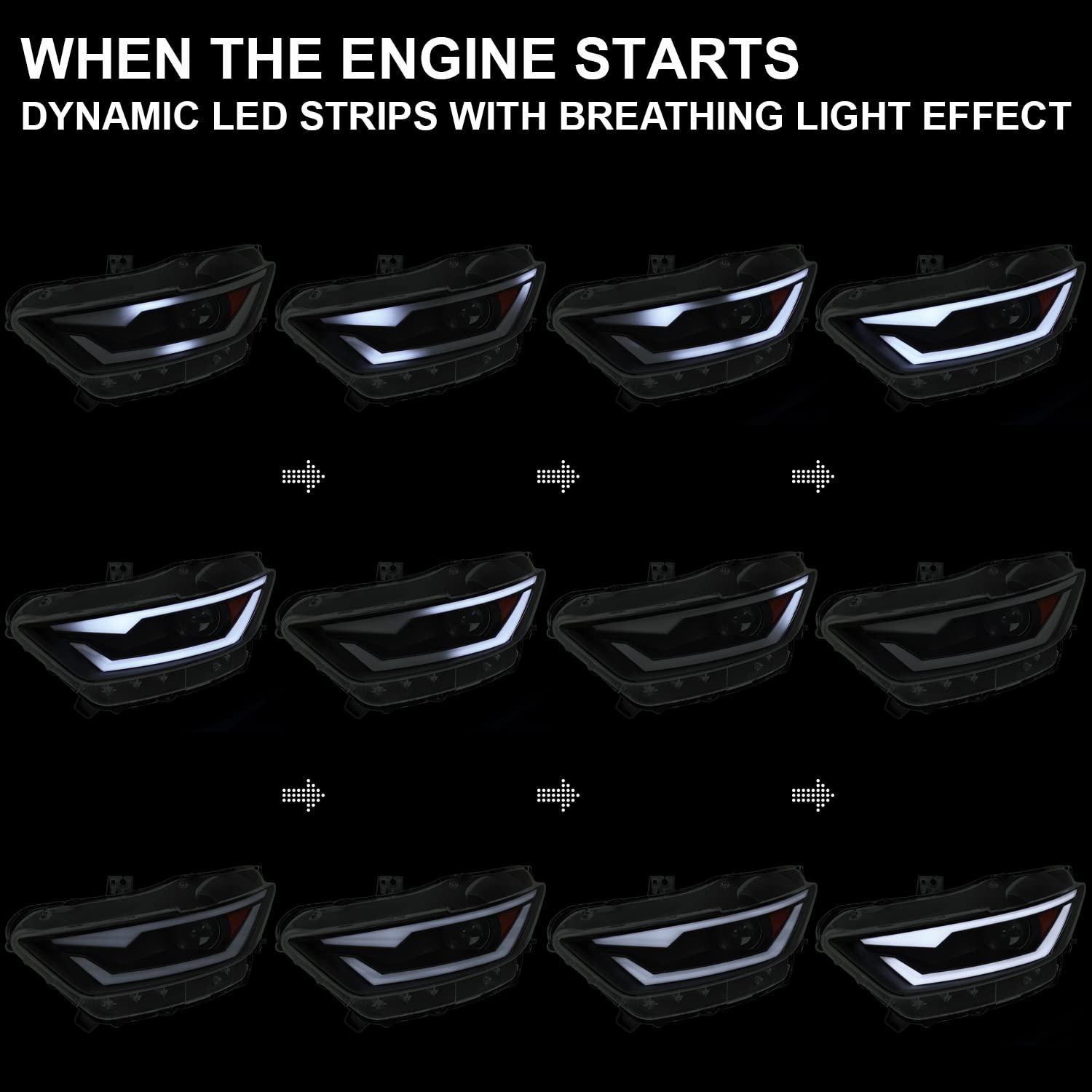 Black Smoke SPEC-D TUNING HID/Xenon Projector Headlights w/Fiber Optic Sequential Switchback LED Strip, Startup Animation Compatible with 2015-2017 Ford Mustang Models, Left + Right Pair Headlamps
