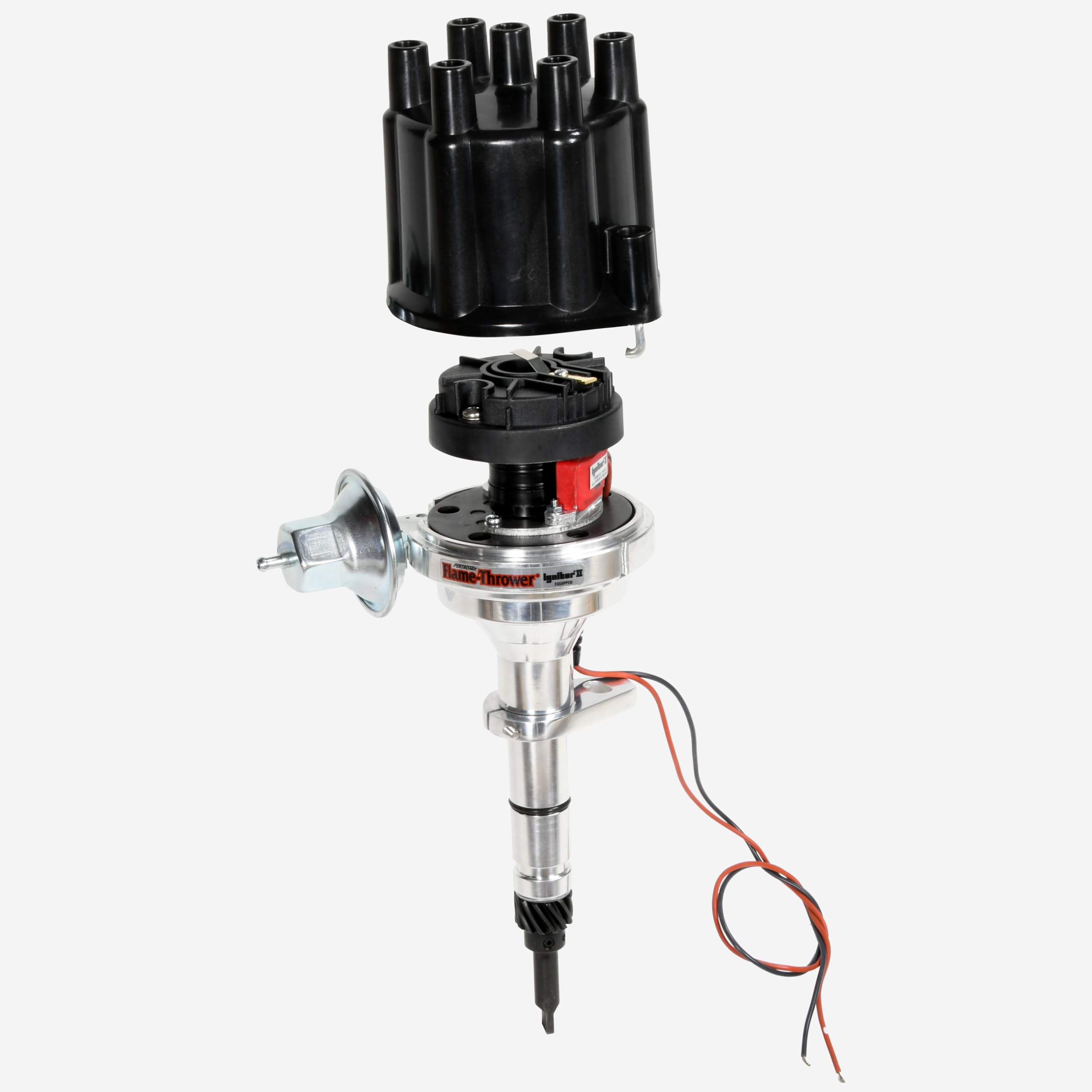 FLAME-THROWER PERTRONIX BILLET DISTRIBUTOR WITH IGNITOR II ELECTRONICS FOR GM 216,235,261 L6 and Toyota F,2F ENGINES. VACUUM ADVANCE WITH BLACK FEMALE STYLE CAP.