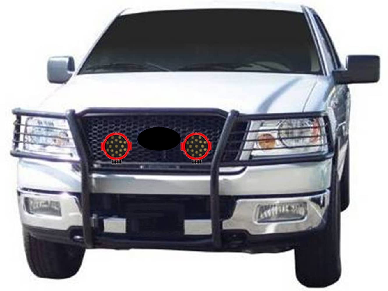 Bumper Guard Modular Black Black Horse Grille brush Come With pair of 7.0"Dia.LED Lights with Red Trim Rings Compatible with 2004-2008 Ford F-150-17FP28MA-PLR