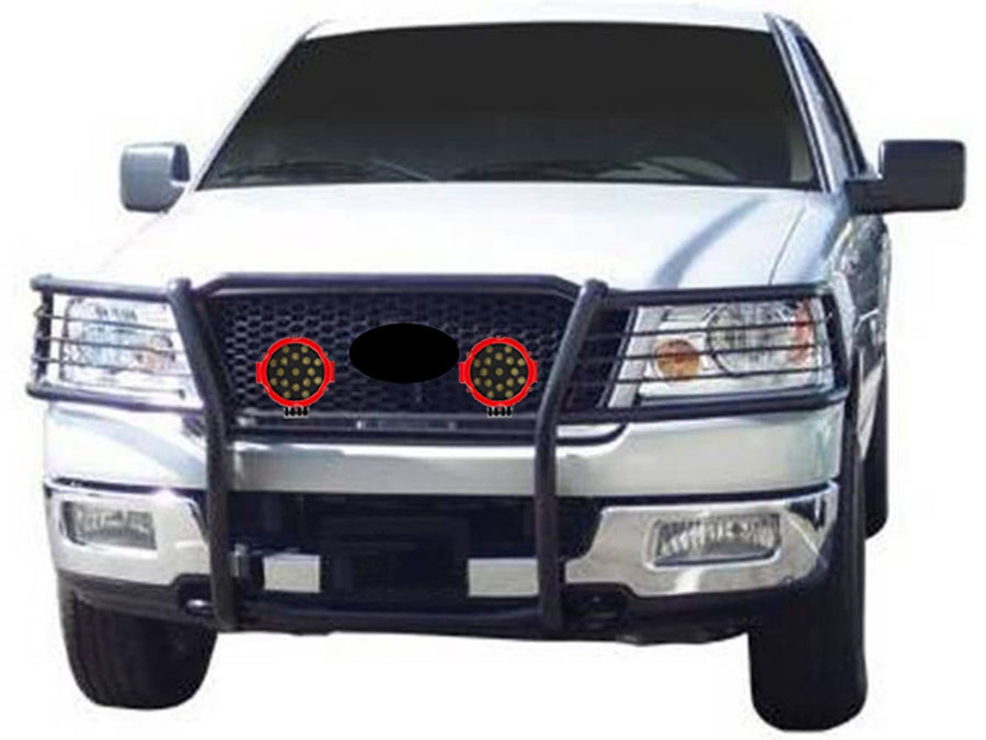 Bumper Guard Modular Black Black Horse Grille brush Come With pair of 7.0"Dia.LED Lights with Red Trim Rings Compatible with 2004-2008 Ford F-150-17FP28MA-PLR