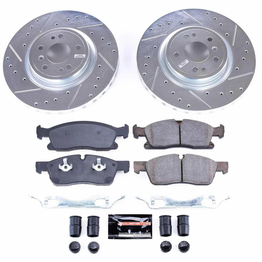 Power Stop K8114 Z23 Carbon Fiber Brake Pads Front with Drilled & Slotted Brake Rotors Kit For Mercedes-Benz GLE350 2018 [Model Specific]