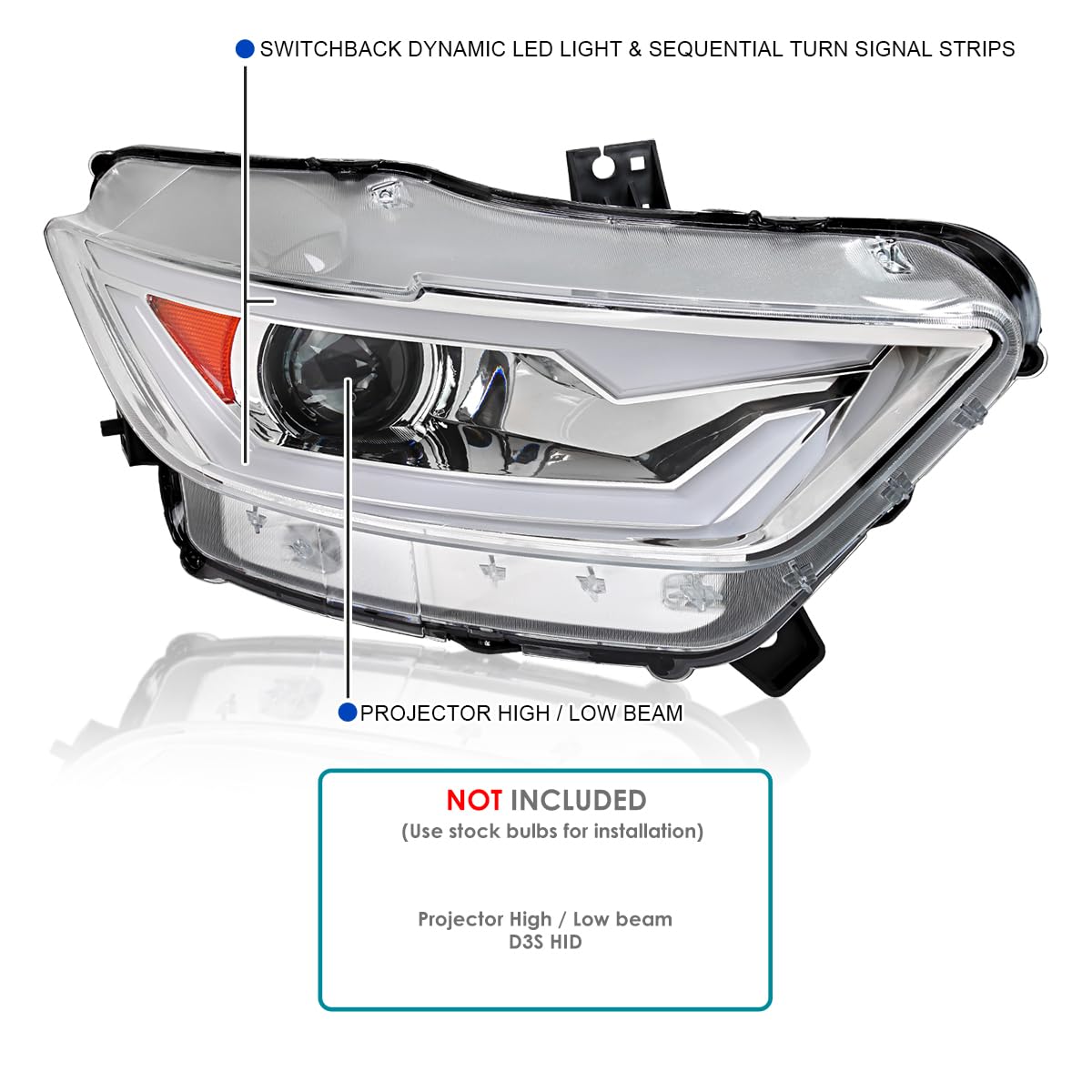 HID/Xenon Projector Headlights SPEC-D TUNING w/Fiber Optic Sequential Switchback LED Strip, Startup Animation Compatible with 2015-2017 Ford Mustang Models, Left + Right Pair Headlamps