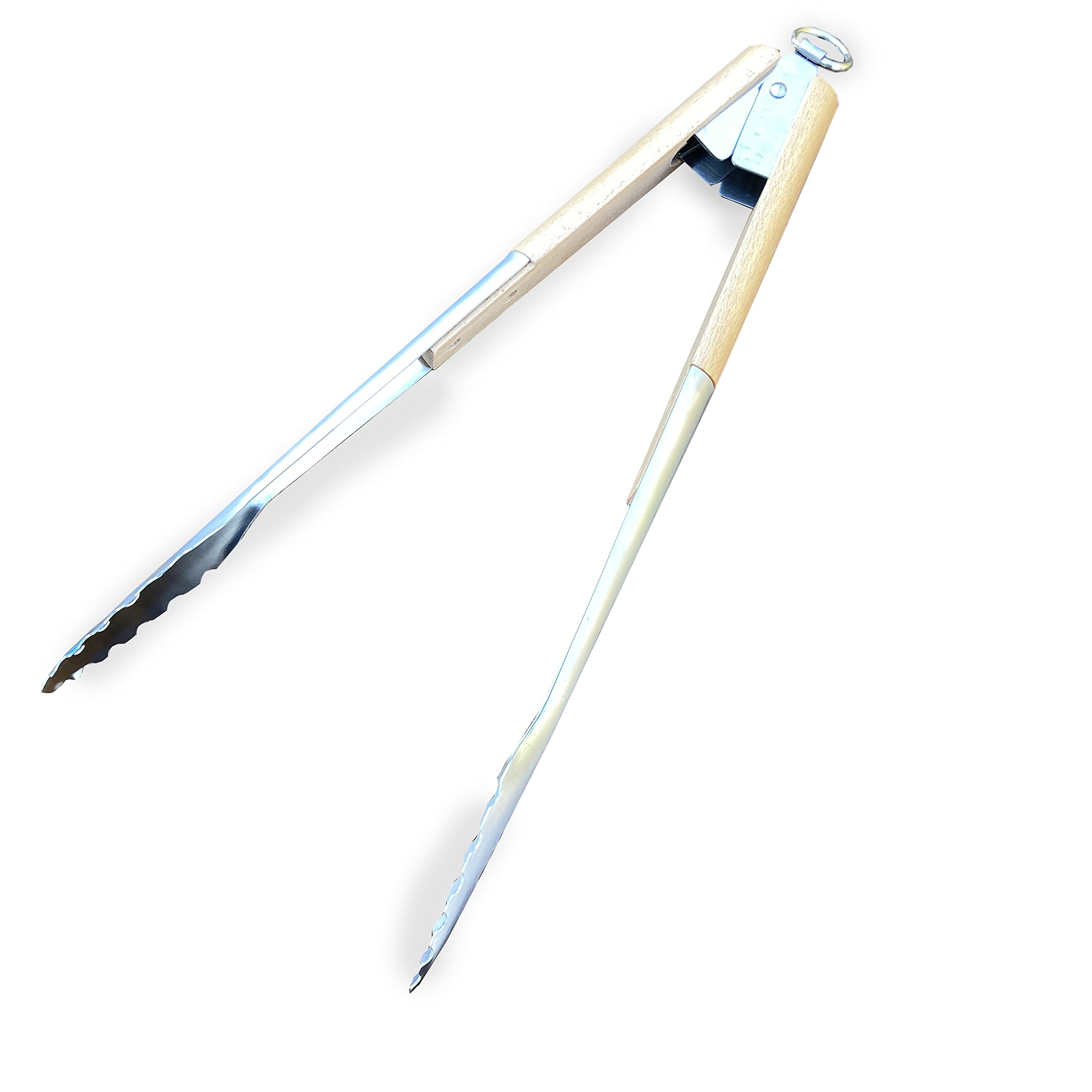 Locking Grill Tongs Bayou Classic Features 16-in Length Stainless Steel Construction w/Beech Wood Handle Perfect For Prepping and Serving Weeknight Dinners or Weekend Cookouts