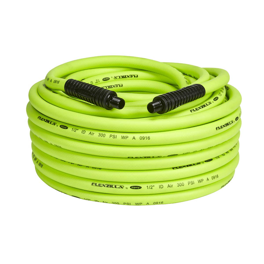 Flexzilla Air Hose, 100 ft. x 1/2 in., 1/2 in. MNPT Fittings, Heavy Duty, Lightweight, Hybrid, ZillaGreen - HFZ12100YW4