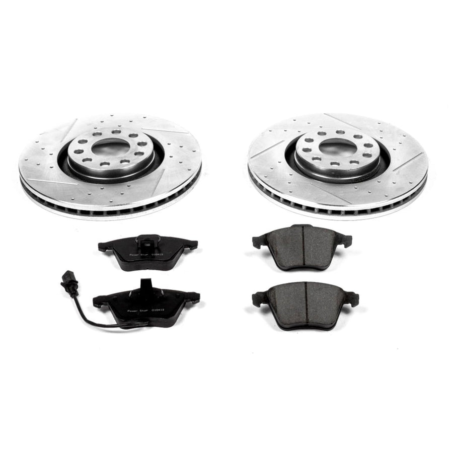 Power Stop K2990 Z23 Carbon Fiber Brake Pads with Drilled & Slotted Brake Rotors Kit For Audi A4 2005-2009, Audi A4 Quattro 2005-2009 [Model Specific]