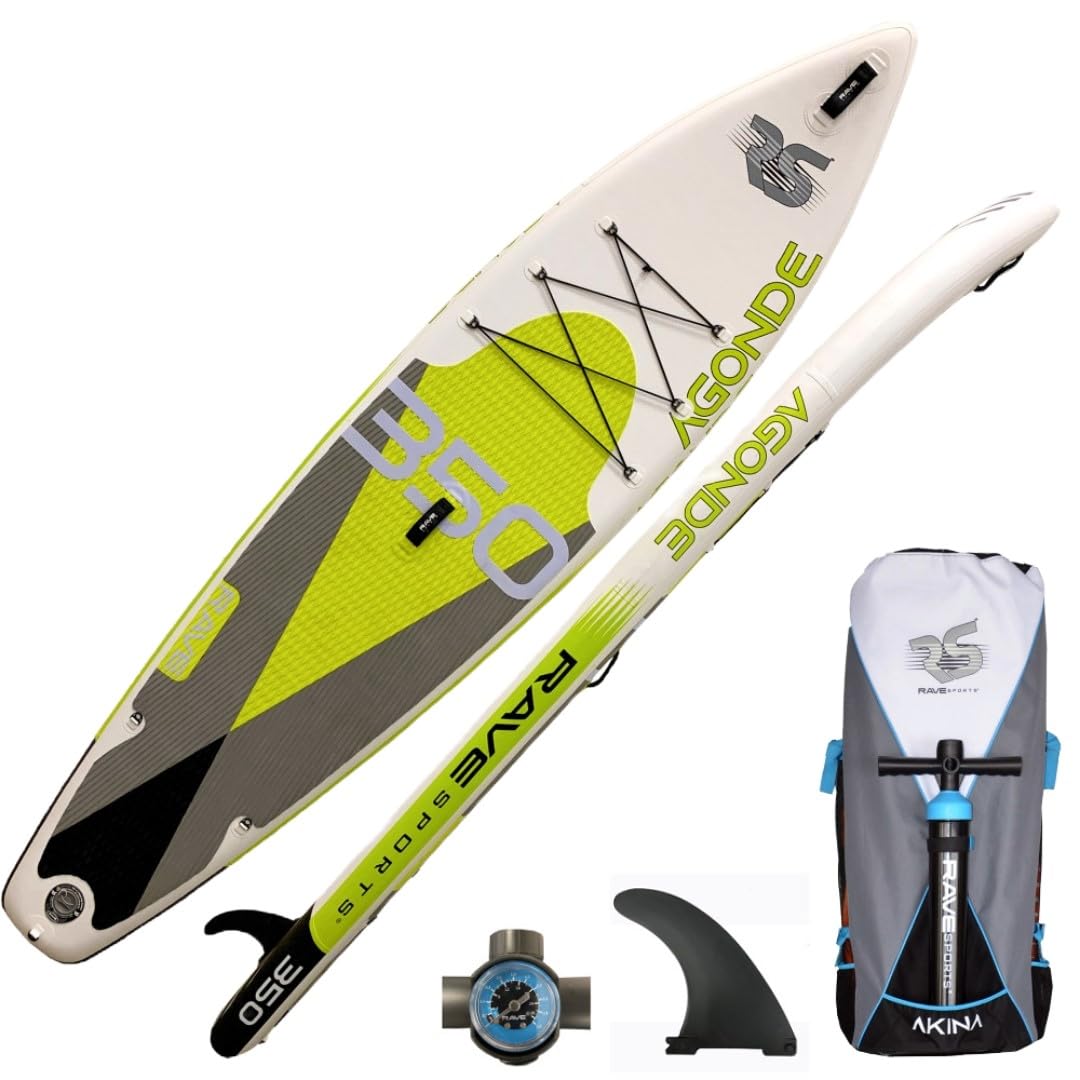 Inflatable Stand Up Paddle Board Package, RAVE Sports Agonde Borealis Lime, Durable Design, Non-Slip Comfort Deck for Adults & Youth