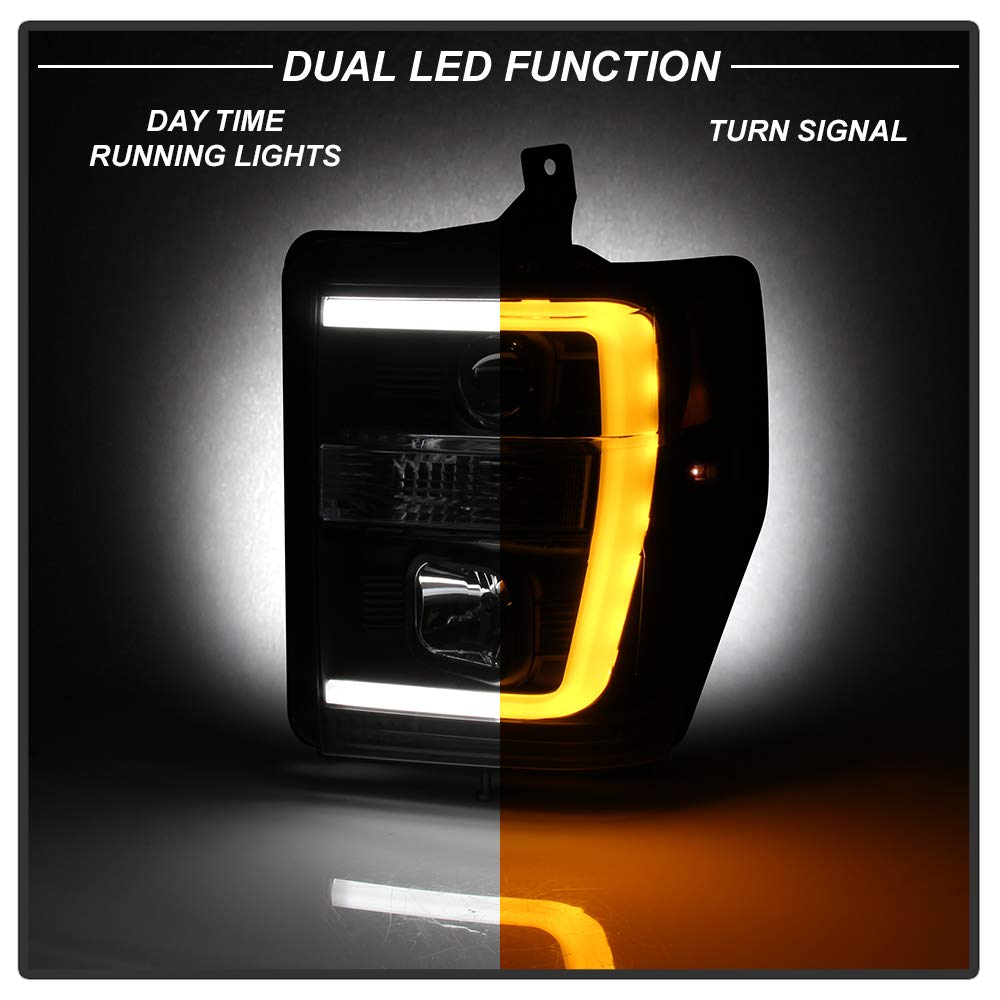 Ford F250/350/450 Spyder 5086228 Super Duty 08-10 Version 2 Projector Headlights - Switch Back Light Bar - Low Beam-H7(Included) ; High Beam-H1(Included) ; Signal-2157NA(Not Included) - Black