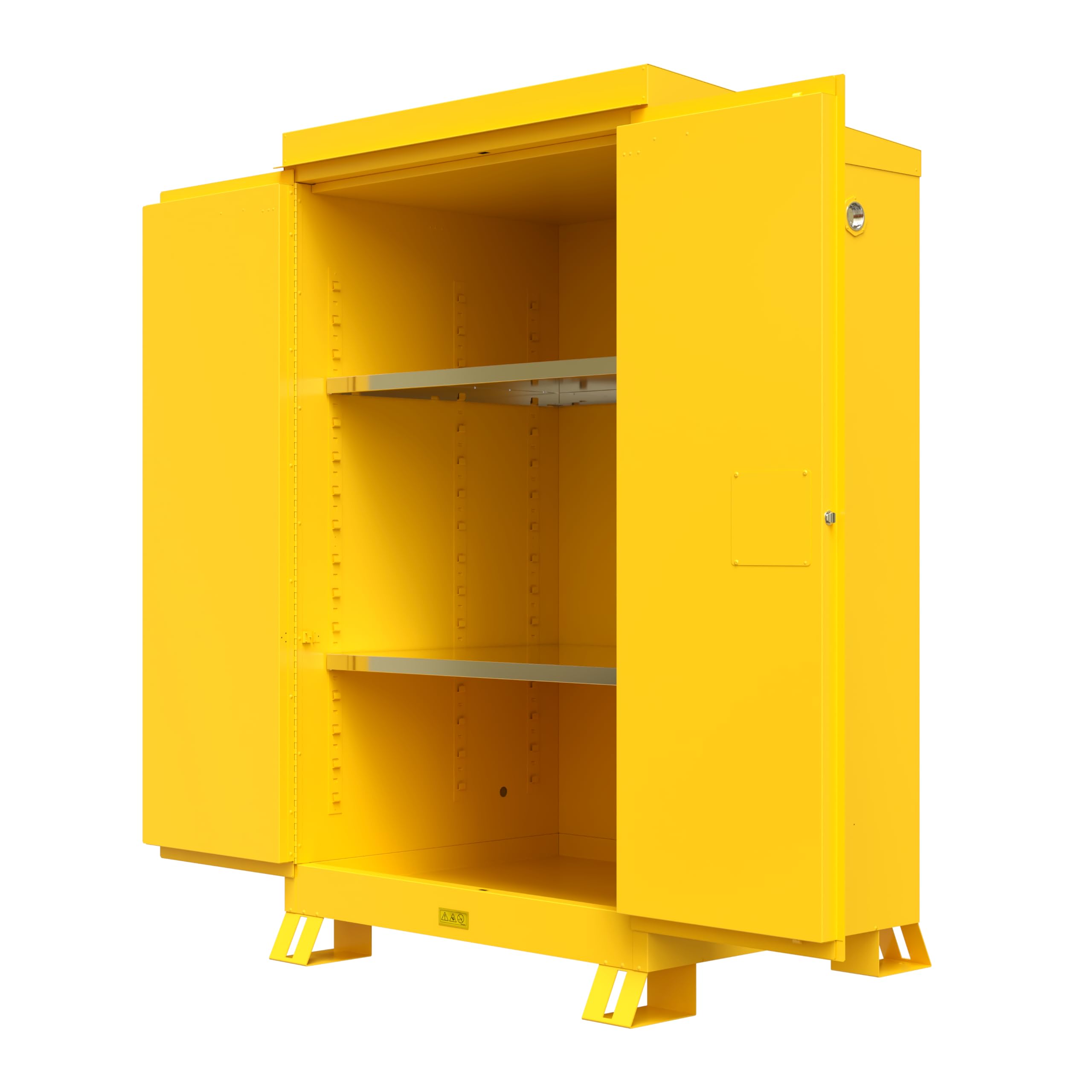 Justrite Outdoor Reinforced Steel Flammable Liquid Storage Cabinet, 2 Shelves with 350 lb. Capacity, 2 Manual-Close Door Fire Cabinet, 90 Gallon, 72" x 43" x 38", Yellow, 819000