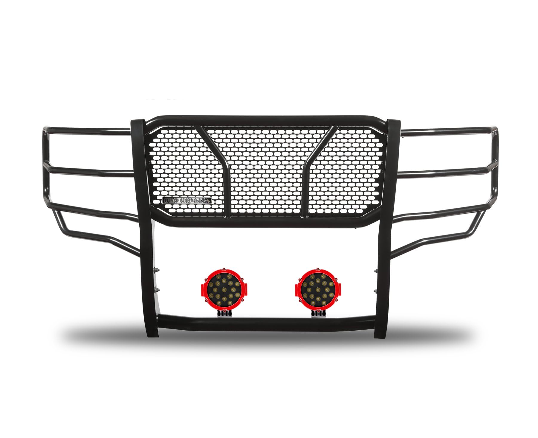 Heavy Duty Black Horse Rugged Grille Brush Bumper Guard Modular Black Come with Pair of 7.0" Dia.LED Lights with Red Trim Rings Compatible with 2015-2020 Ford F-150-RU-FOF115-B-PLR
