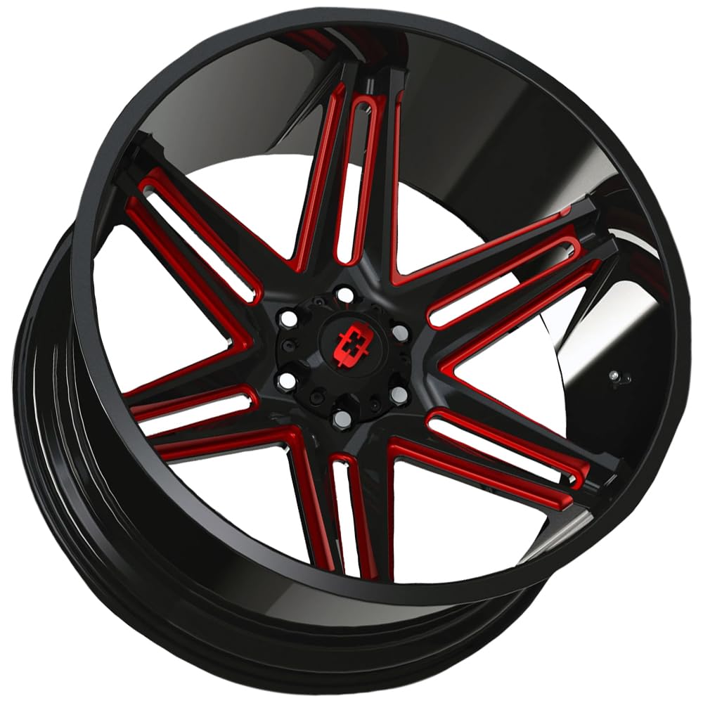 Custom Wheel Vision 363 RAZOR - 22x10, -19 Offset, 6x135 Bolt Pattern, 87.1mm Hub - Gloss Black with Milled Spokes and Red Tint Rim