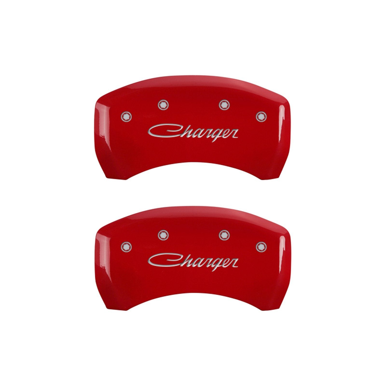 MGP Caliper Covers with Compatible 2011-2023 Dodge Charger and Challenger (Requires 18"+ Wheels & Single Piston Front Caliper) 4 PCS Front and Rear (Red - Charger Cursive Engraving)