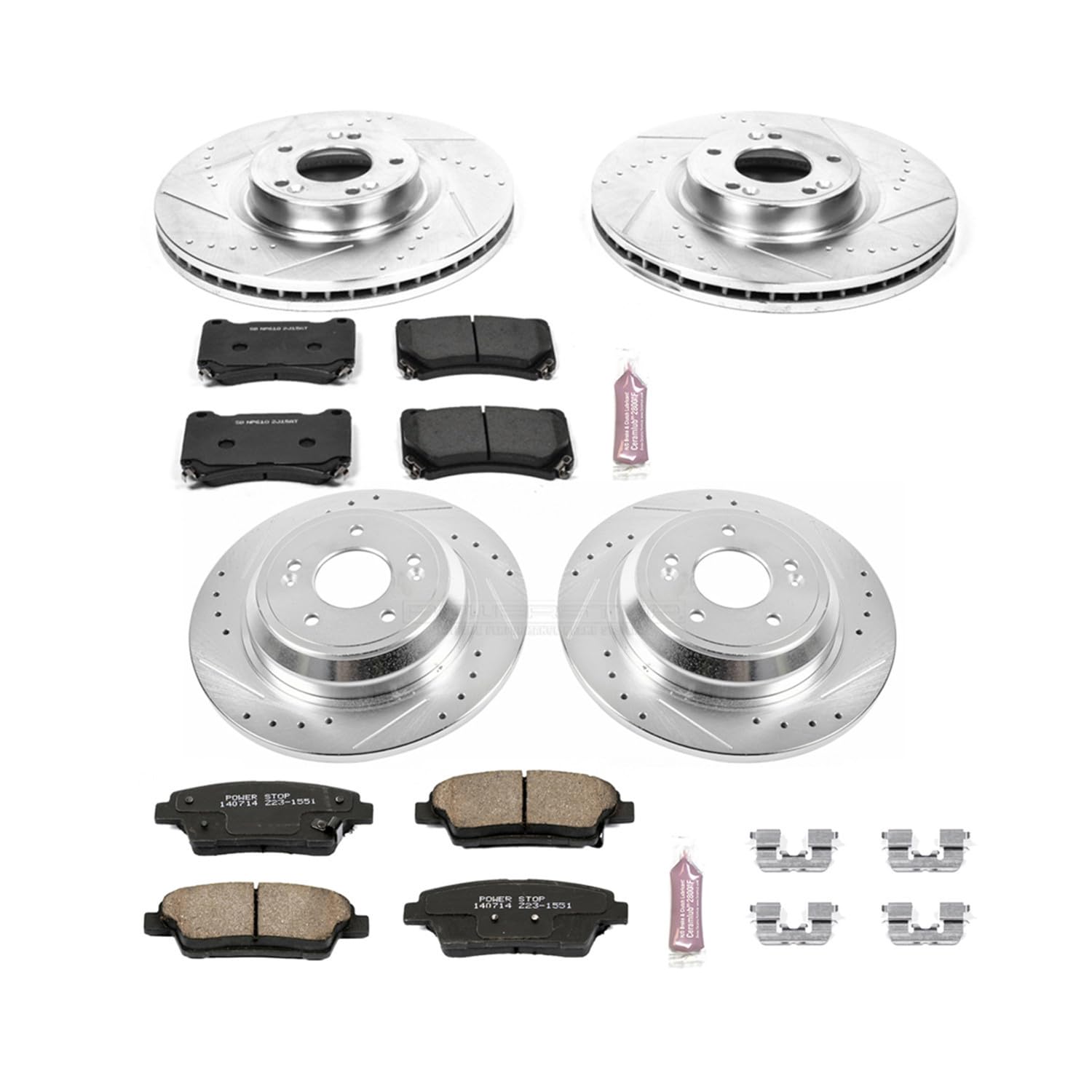 Power Stop K5845 Z23 Carbon Fiber Brake Pads Front and Rear with Drilled & Slotted Brake Rotors Kit For Hyundai Genesis 2010-2014 [Model Specific]