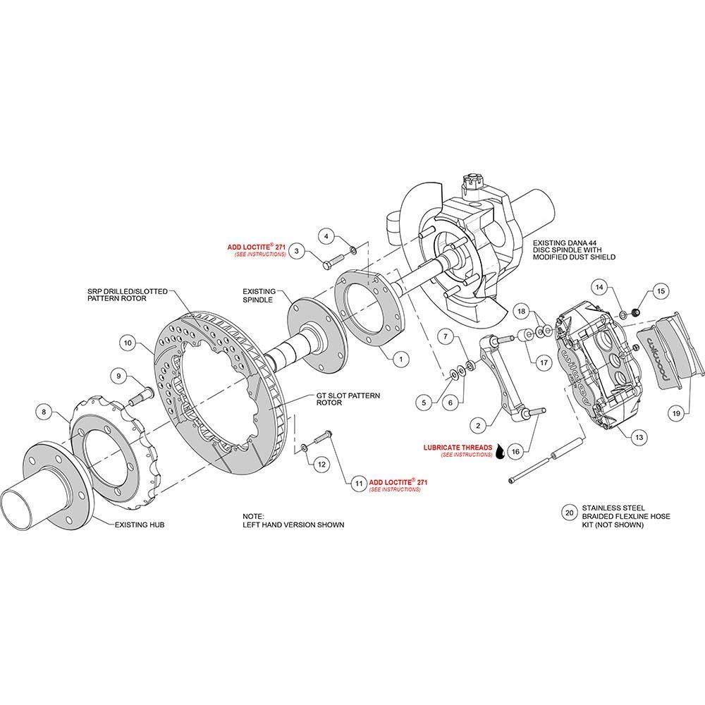 WILWOOD 140-13330-DR KIT,FRONT,76-77DANA 44,FORD BRONCO,14.00 ROTOR,FNSL,DISC SPINDLE,DRILLED,RED,W/LINES