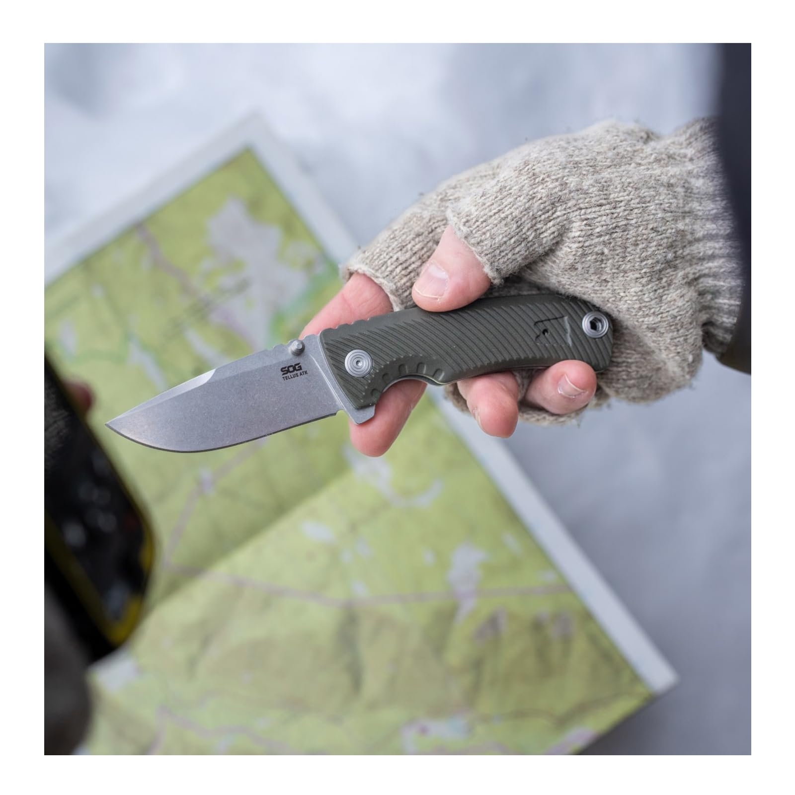 SOG Tellus ATK Folding Knife | Ambidextrous GRN Handle | CRYO 440C Stainless Steel Blade | Adjustable Belt Clip, Olive Drab/Blaze Orange Outdoor Assisted Opening Frame Lock