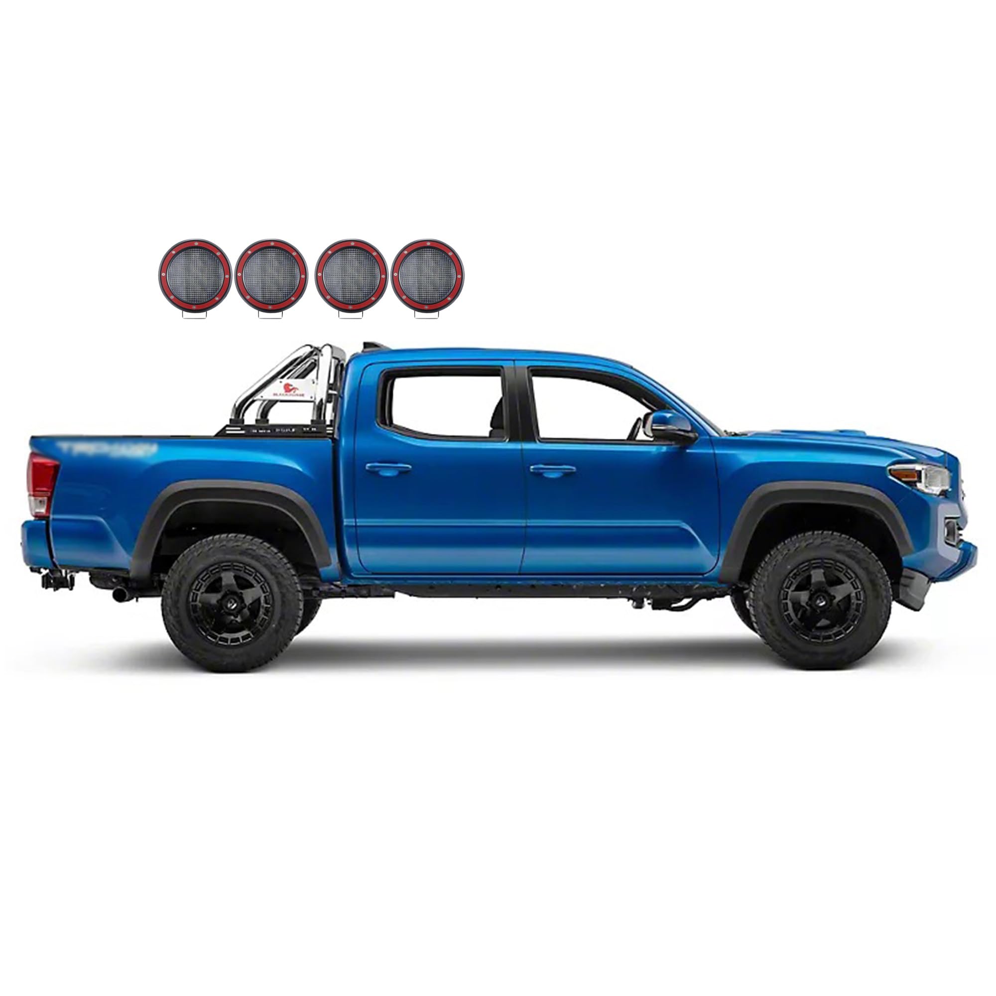 Classic Black Horse Roll Bar Incl. Set of 5.3" Dia.led Lights w/Red Trim Rings Stainless Steel Compatible with 2019-2022 Ford Ranger-RB08SS-PLFR