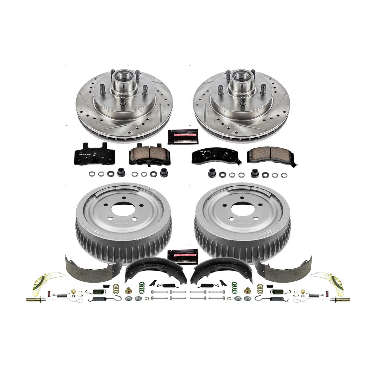Power Stop K15038DK Z23 Carbon Fiber Brake Pads Front and Rear with Drilled & Slotted Brake Drums Kit For Chevrolet Tahoe 1998-2000 [Model Specific]