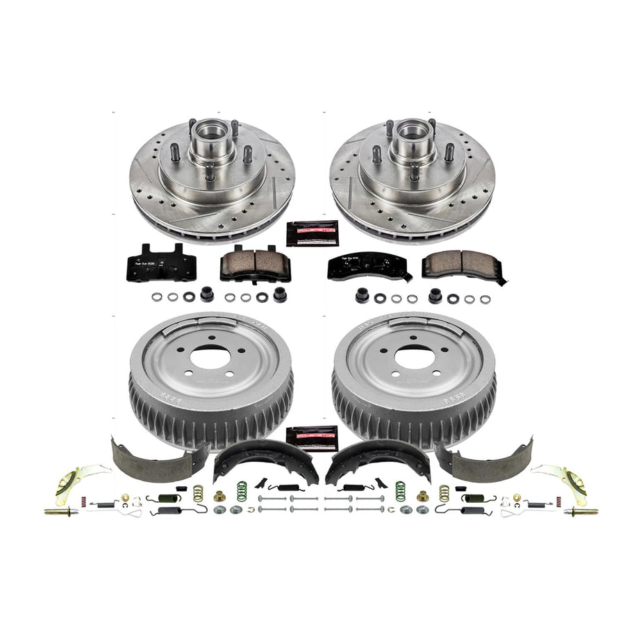 Power Stop K15038DK Z23 Carbon Fiber Brake Pads Front and Rear with Drilled & Slotted Brake Drums Kit For Chevrolet Tahoe 1998-2000 [Model Specific]