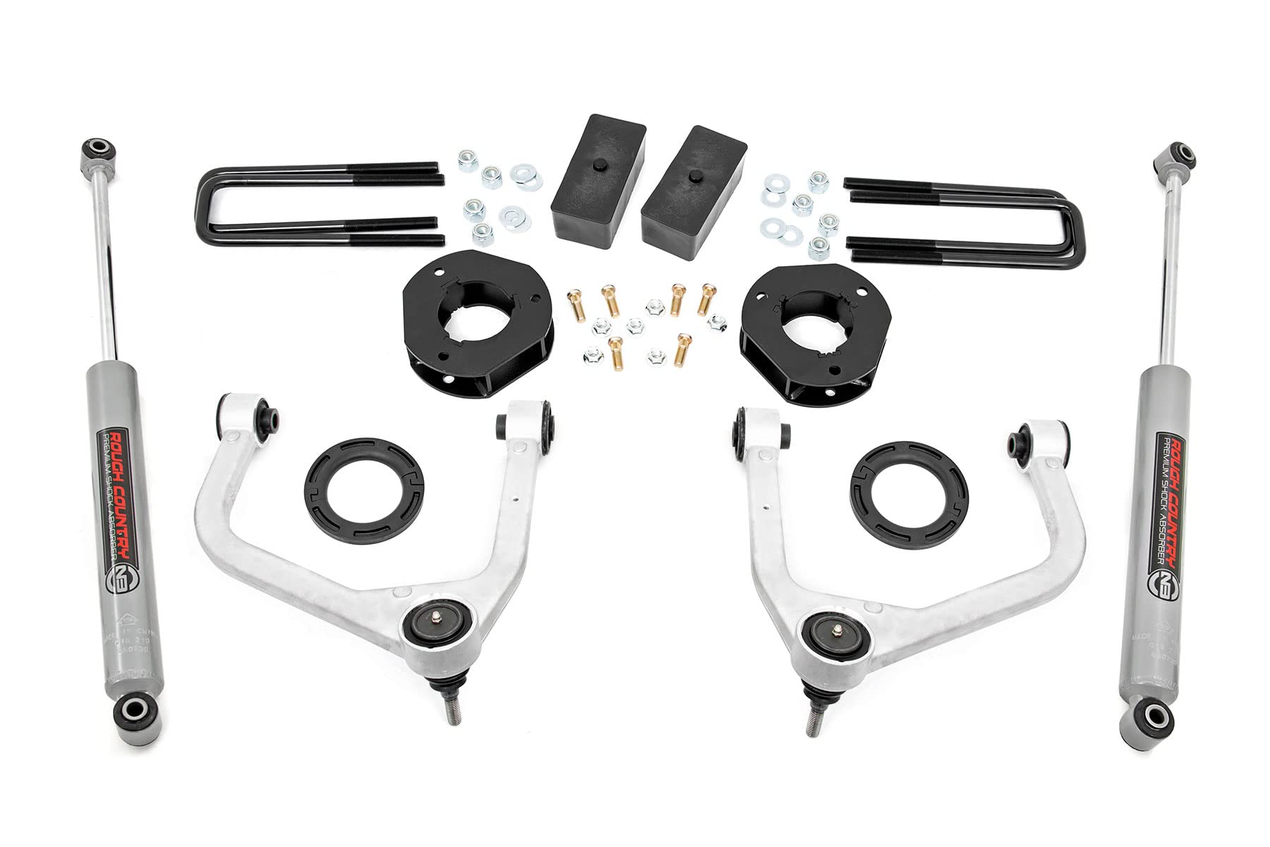 3.5" Rough Country Suspension Lift Kit with Strut Spacers & N3 Shocks for GMC Sierra 1500 (2019-2024 w/Multi-Leaf Spring) - Silver Control Arms