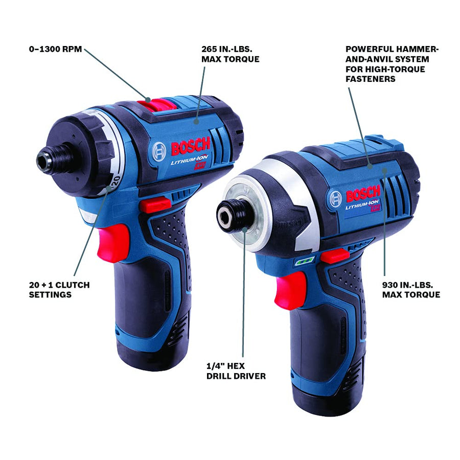 12V Max BOSCH Cordless 2-Tool Combo Kit with Two-Speed Pocket Driver, Impact Driver and (2) 2 Ah Batteries (CLPK27-120)