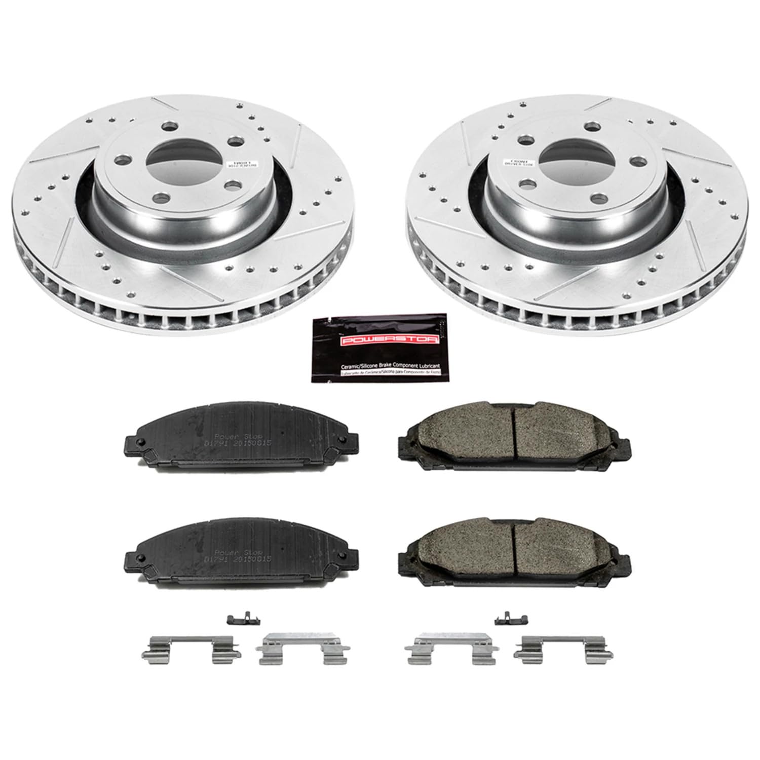 Power Stop K6809 Front Brake Pads Z23 Carbon Fiber with Drilled & Slotted Brake Rotors Kit For Ford Mustang 2015-2020 [Model Specific]