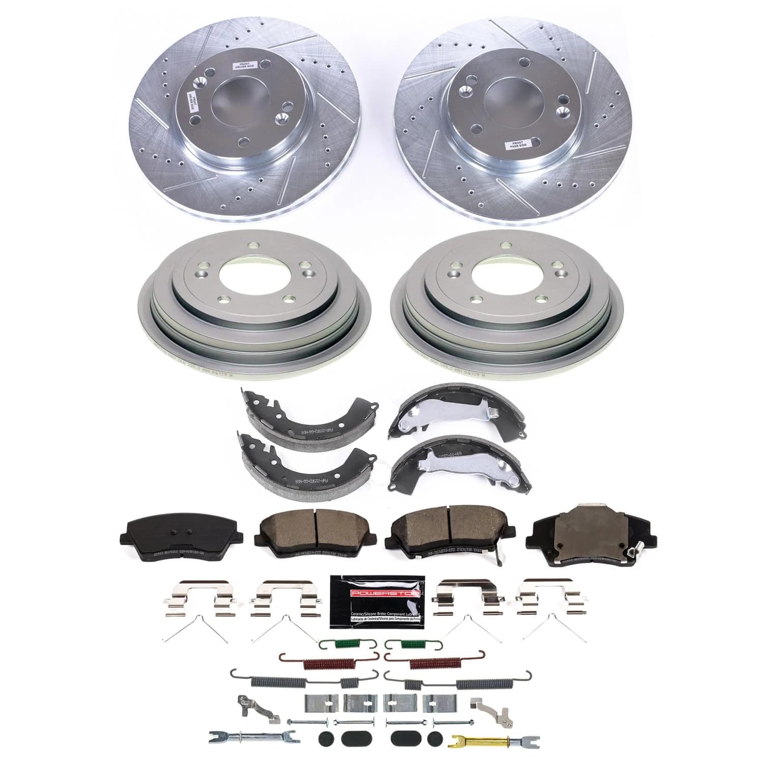 POWERSTOP Z23 Carbon-Fiber Ceramic Brake Pads and Drilled Slotted Rotors Brake Kit Front and Rear with Brake Shoes and Drums For Hyundai Elantra 2017-2020 [Vehicle Specific]