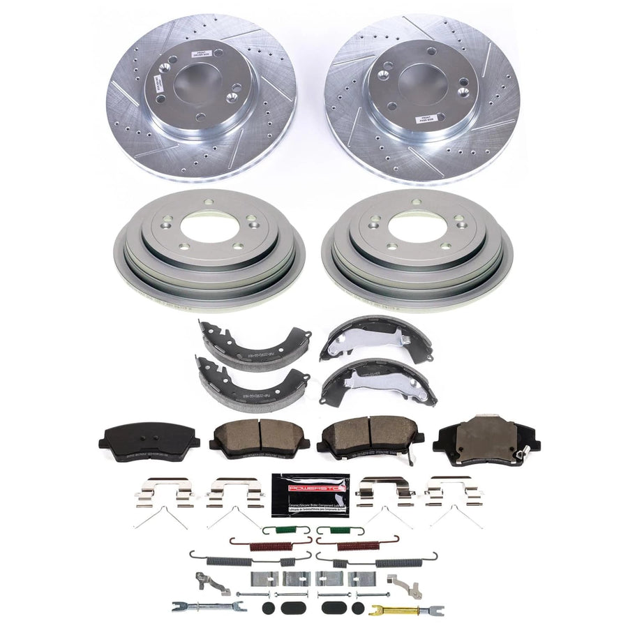 POWERSTOP Z23 Carbon-Fiber Ceramic Brake Pads and Drilled Slotted Rotors Brake Kit Front and Rear with Brake Shoes and Drums For Hyundai Elantra 2017-2020 [Vehicle Specific]