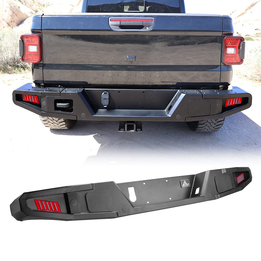 Rear Bumper WOLFSTORM Compatible with 2019 2020 2021 Jeep Gladiator JT, Rock Crawler Full Width with 2 Led Lights/Hitch Receiver