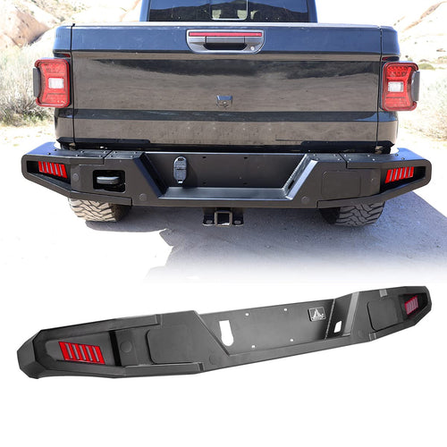Rear Bumper WOLFSTORM Compatible with 2019 2020 2021 Jeep Gladiator JT, Rock Crawler Full Width with 2 Led Lights/Hitch Receiver