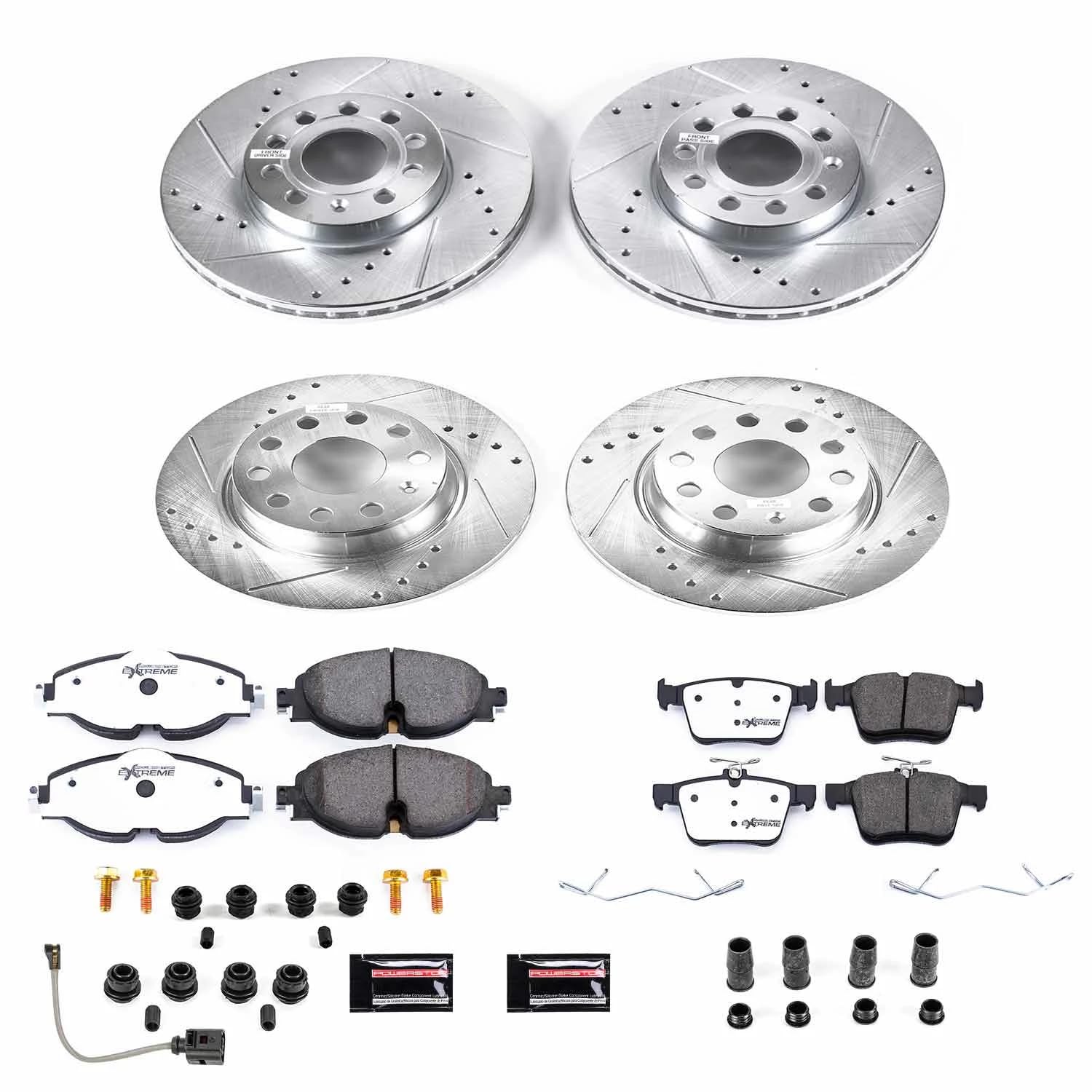 Power Stop K7111 Z23 Evolution Sport Brake Upgrade Kit Front & Rear and 1 Front Sensor Wire For Audi A3, Audi A3 Quattro, Audi A3 Sportback e-tron, VW e-Golf [Model Specific]