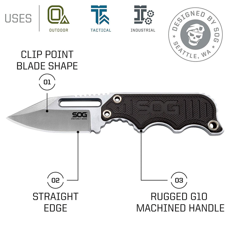 SOG Mini Instinct Small Fixed Blade Knife- 8.75 Inch x 1 Inch x 4 Inch Full Tang Adjustable Clip Belt or Boot Knife with Tactical Knife Sheath and Neck Knife Lanyard (NB1002-CP)