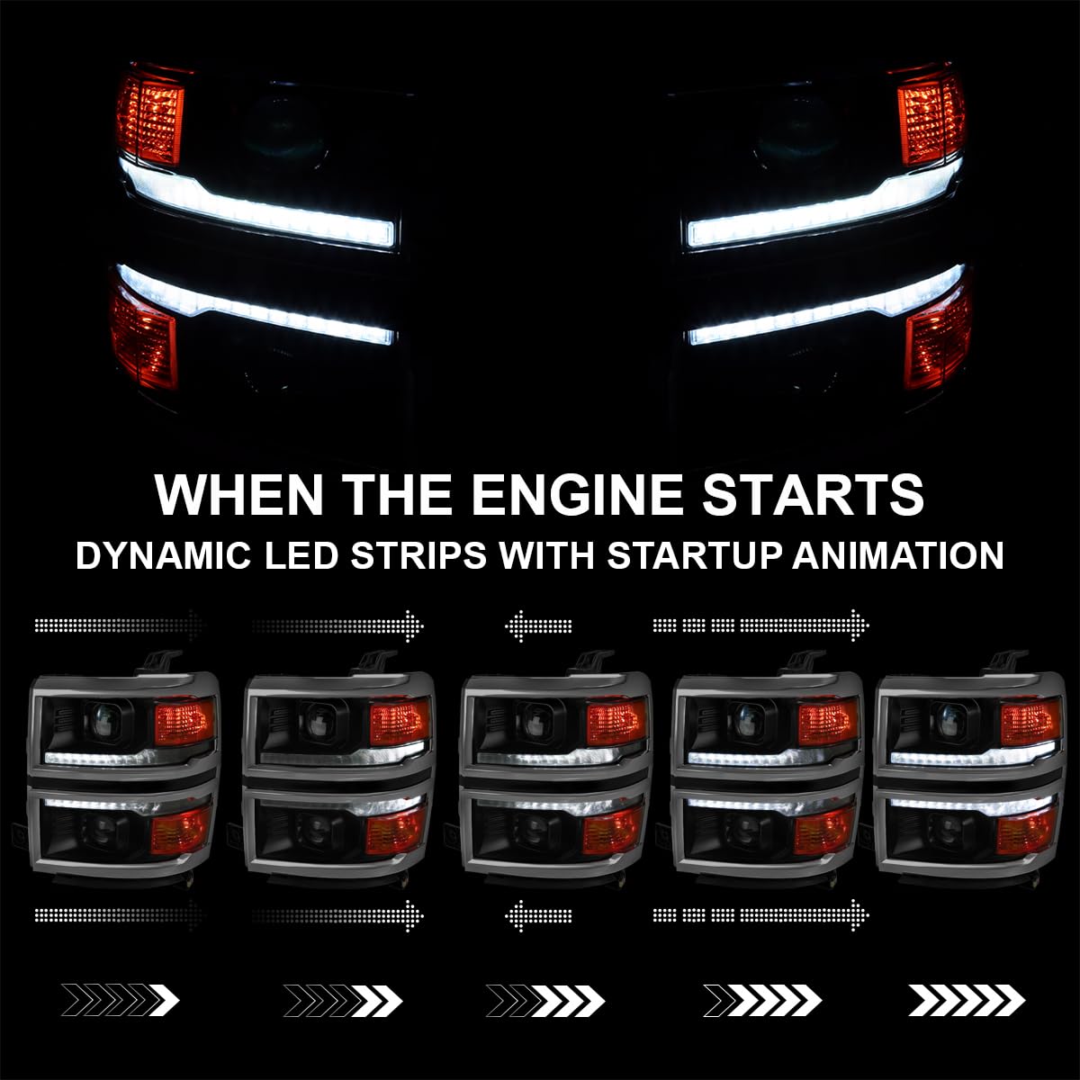 Black Smoke SPEC-D TUNING w/Silver Trim Projector Headlights w/Sequential Switchback LED Strip and Startup Animation Compatible with 2014-2015 Chevy Silverado 1500, Left + Right Pair Headlamps